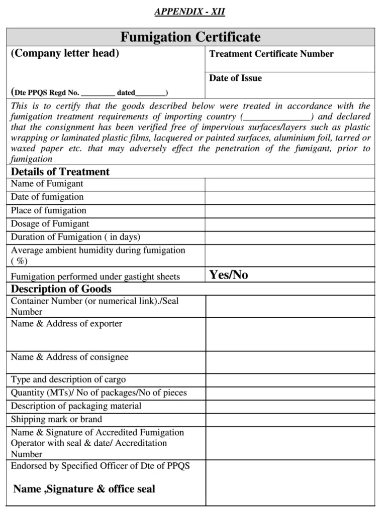 Format of Fumigation Certificate