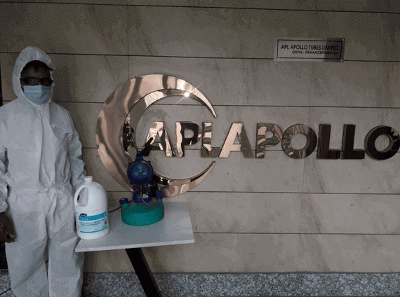 A person stand with sanitization machine after disinfected apollo office in Covid-19 time