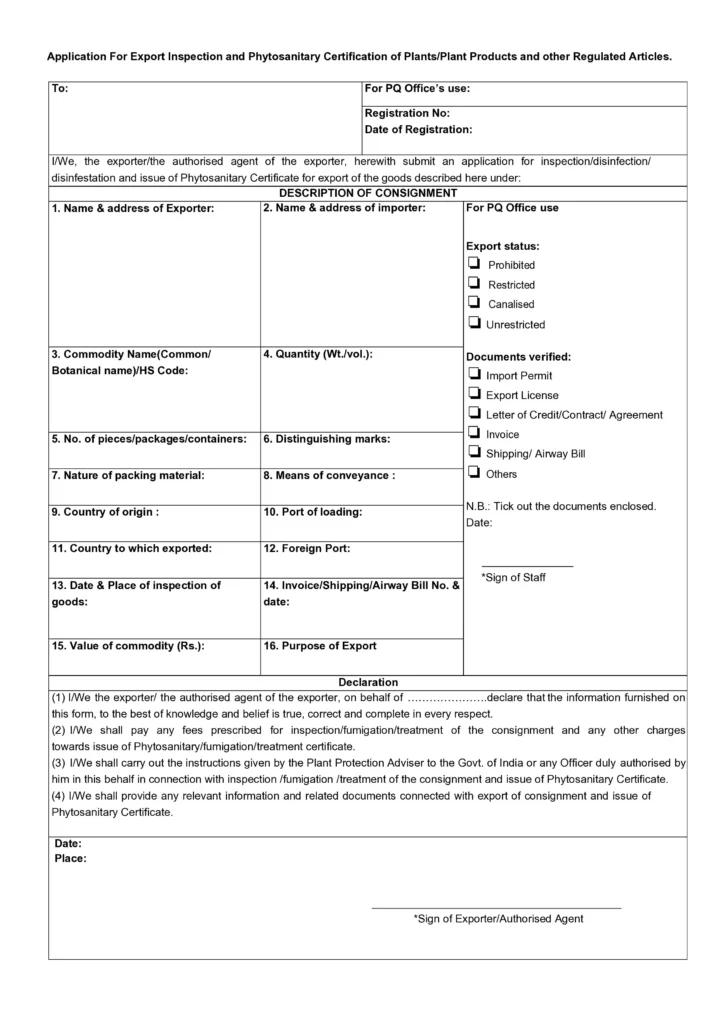 Application For Export Inspection and Phytosanitary Certification of Plants Plant Products and other Regulated Articles.